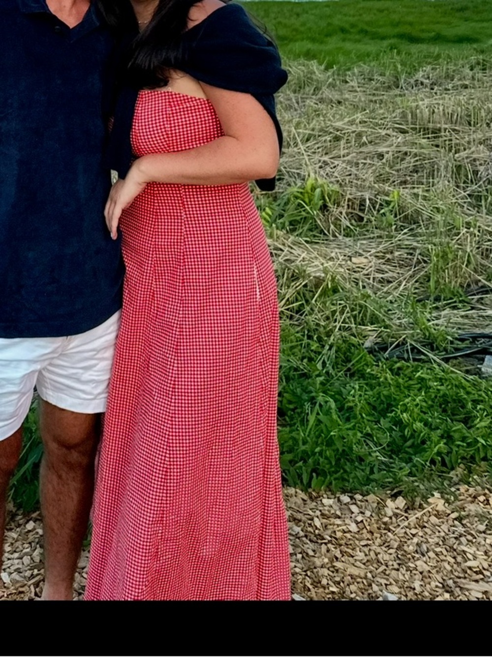 Abercrombie & Fitch Red Gingham Strapless Maxi Dress with Black Wrap Detail